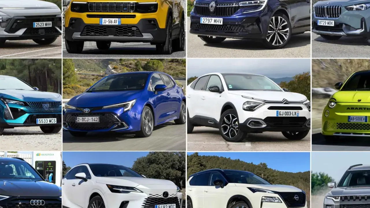 Un collage de coches nuevos y emocionantes, mostrando las últimas novedades coches. Incluye modelos de Jeep, Renault, BMW, Peugeot, Toyota, Citroën, Abarth, Audi, Lexus y Nissan.