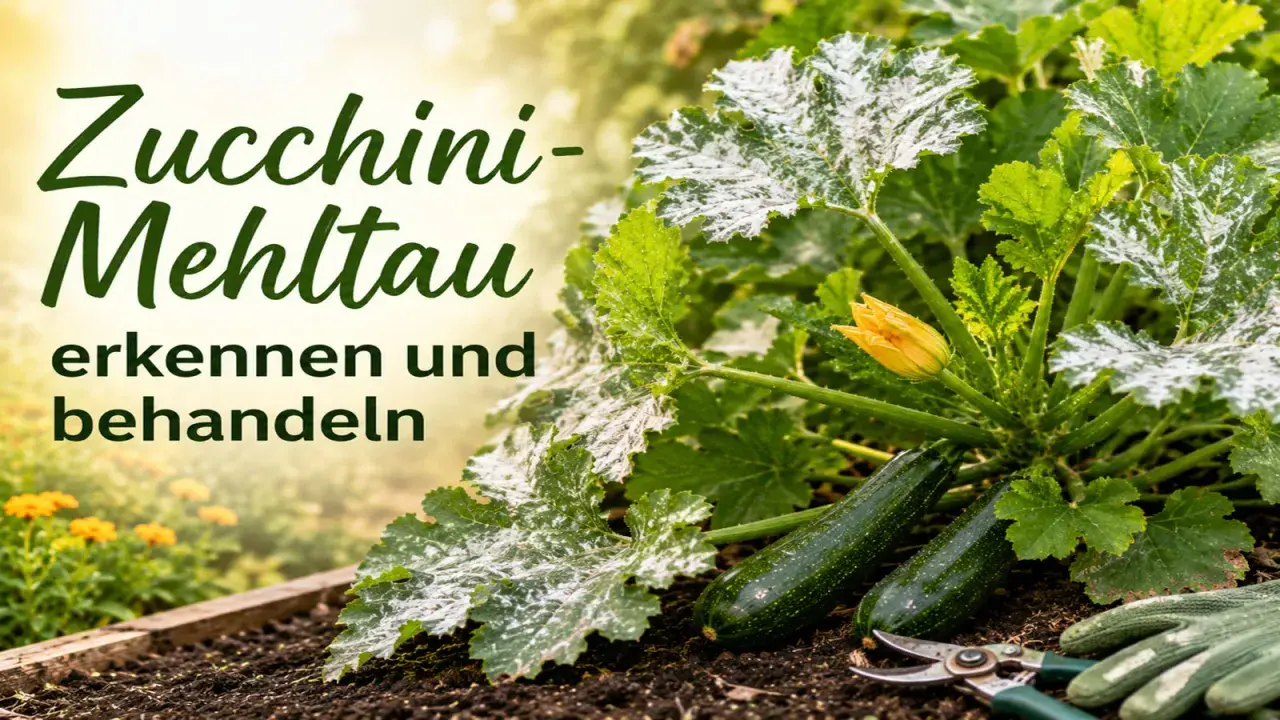 Zucchini-Mehltau befällt die Blätter einer Zucchinipflanze. Erkennen und behandeln Sie diesen Pilz frühzeitig für gesunde Ernte.