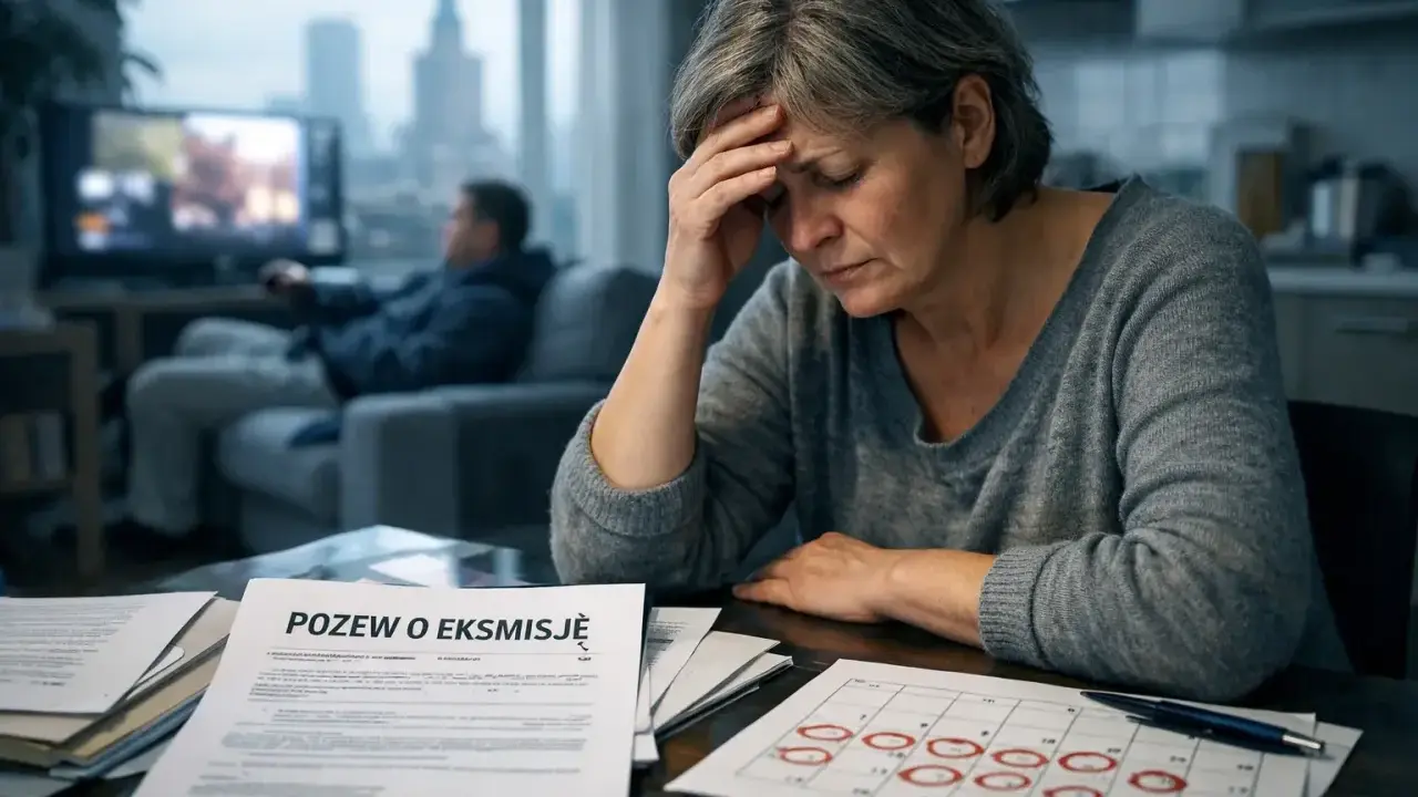 Zmartwiona kobieta pochyla się nad dokumentami, na których widnieje napis "POZEW O EKSMISJĘ". Zastanawia się, ile trwa eksmisja z mieszkania.