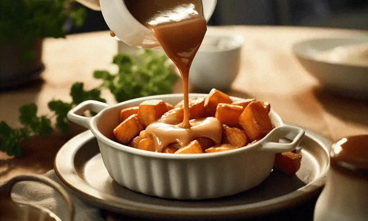 Brunsås recept: Krämig sås hälls över gyllene potatisbitar i en vit skål. En klassisk svensk rätt.