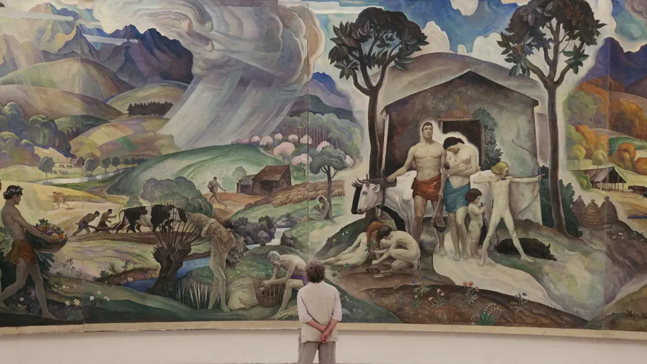 A mural depicting rural life and labor, reminiscent of the Wyeth family artists' style, with figures tending to livestock and fields under a dramatic sky.