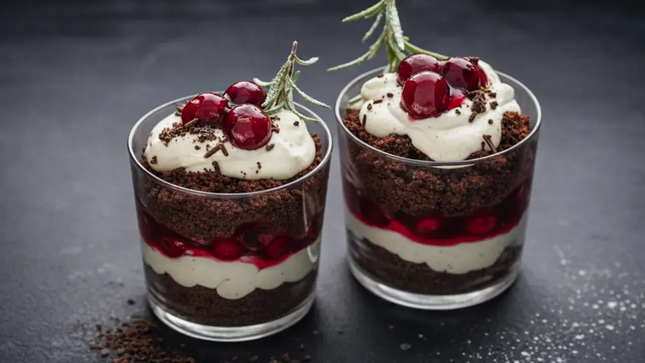 Zwei Schokoladen-Kirsch-Desserts im Glas, geschichtet mit dunklem Kuchen, Kirschen und Sahne, garniert mit frischen Kirschen und Rosmarin.