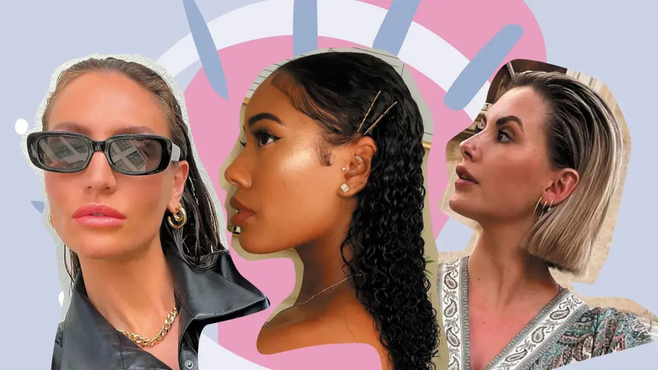 Drei Frauen mit glänzendem, nassem Haar und stylischem Schmuck. Eine trägt Sonnenbrille, die andere hat Haarnadeln im Haar.