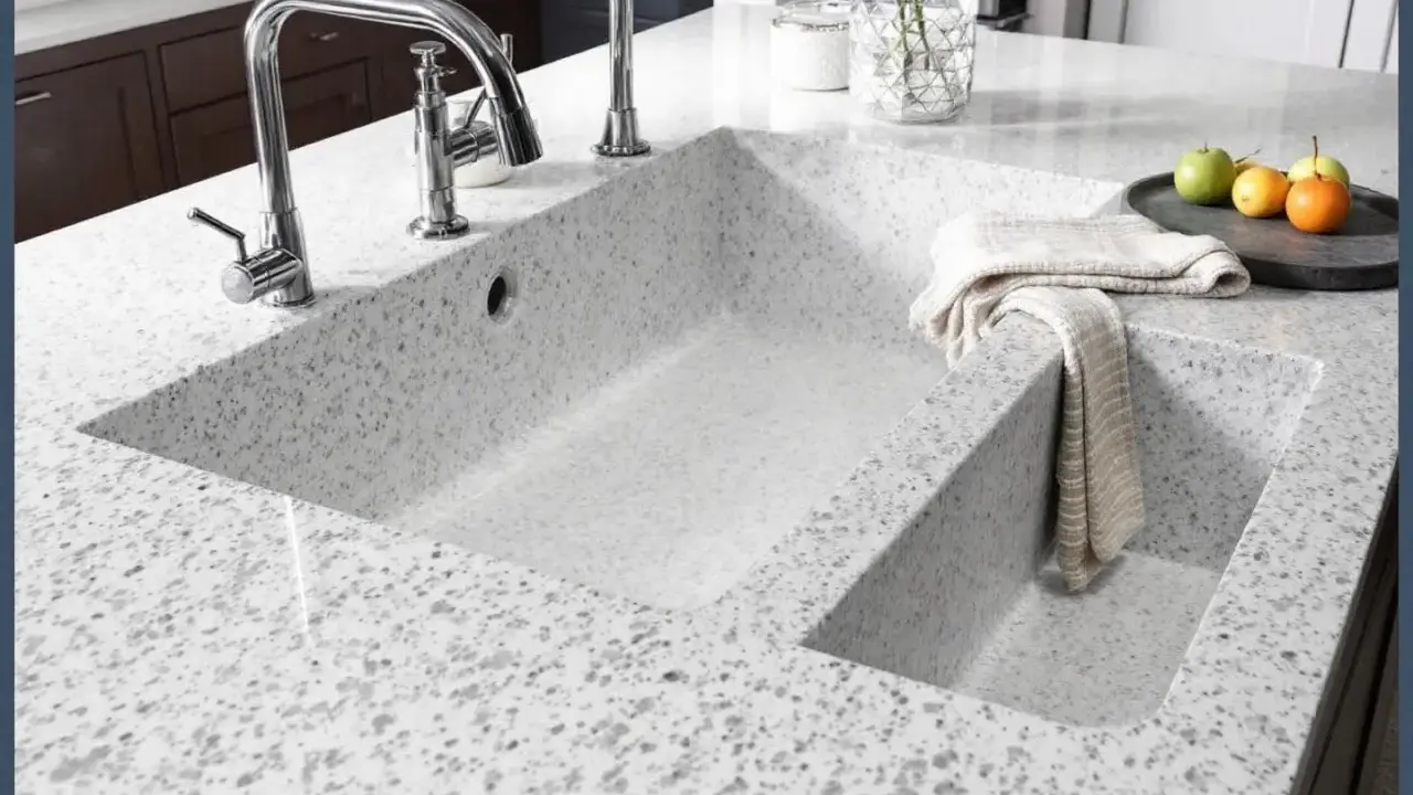 Évier de cuisine moderne en quartz ou granit, avec robinetterie chromée et une serviette pliée.