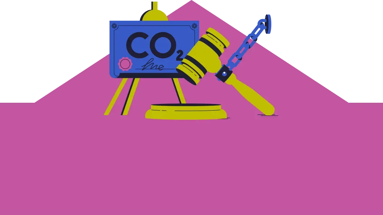 Ein Hammer liegt auf einem Schild mit der Aufschrift "CO2". Dies symbolisiert die Regulierung von CO2-Emissionen.