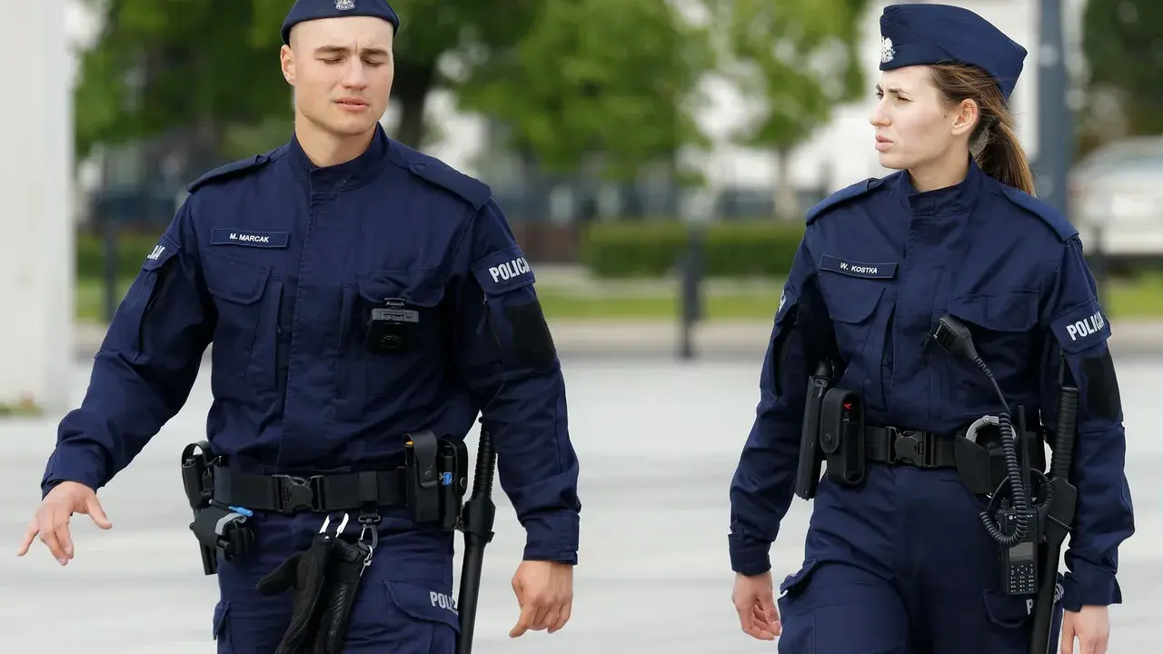 Dwóch policjantów w granatowych mundurach, z widocznymi stopniami w policji, idzie obok siebie.