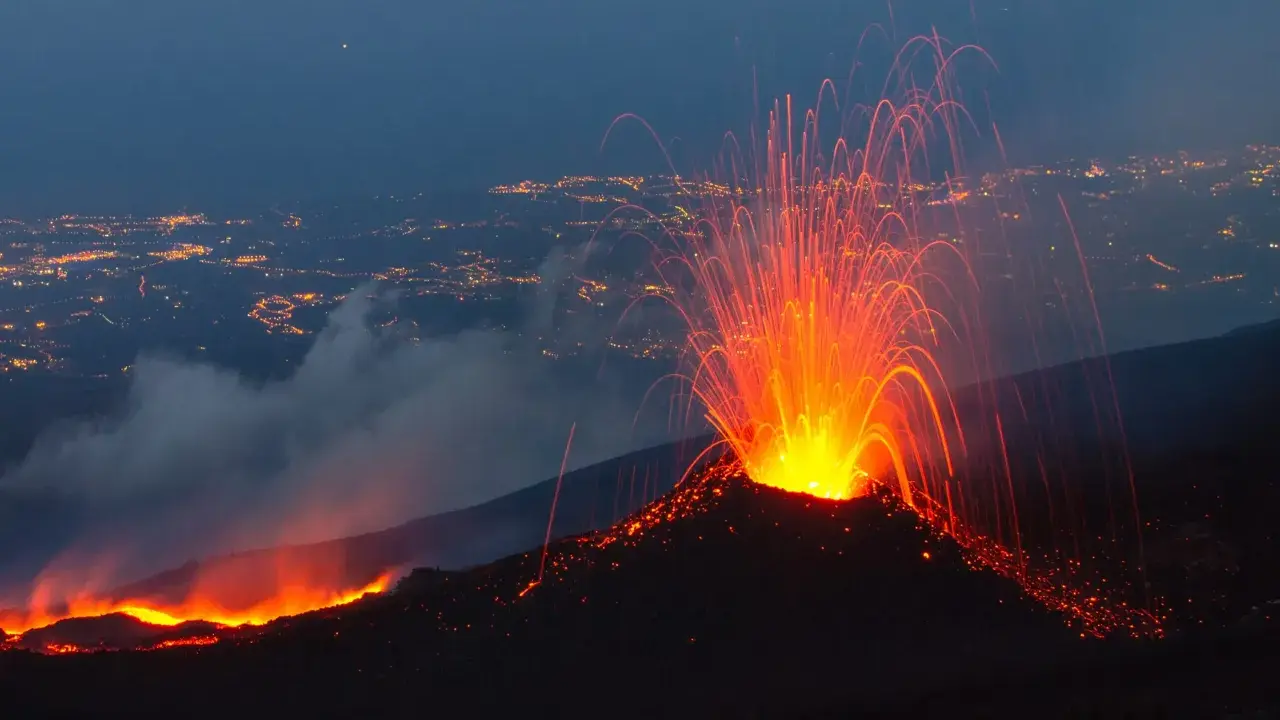 Spektakularna erupcja Etny nocą, z płynącą lawą i deszczem iskier nad oświetlonym miastem.