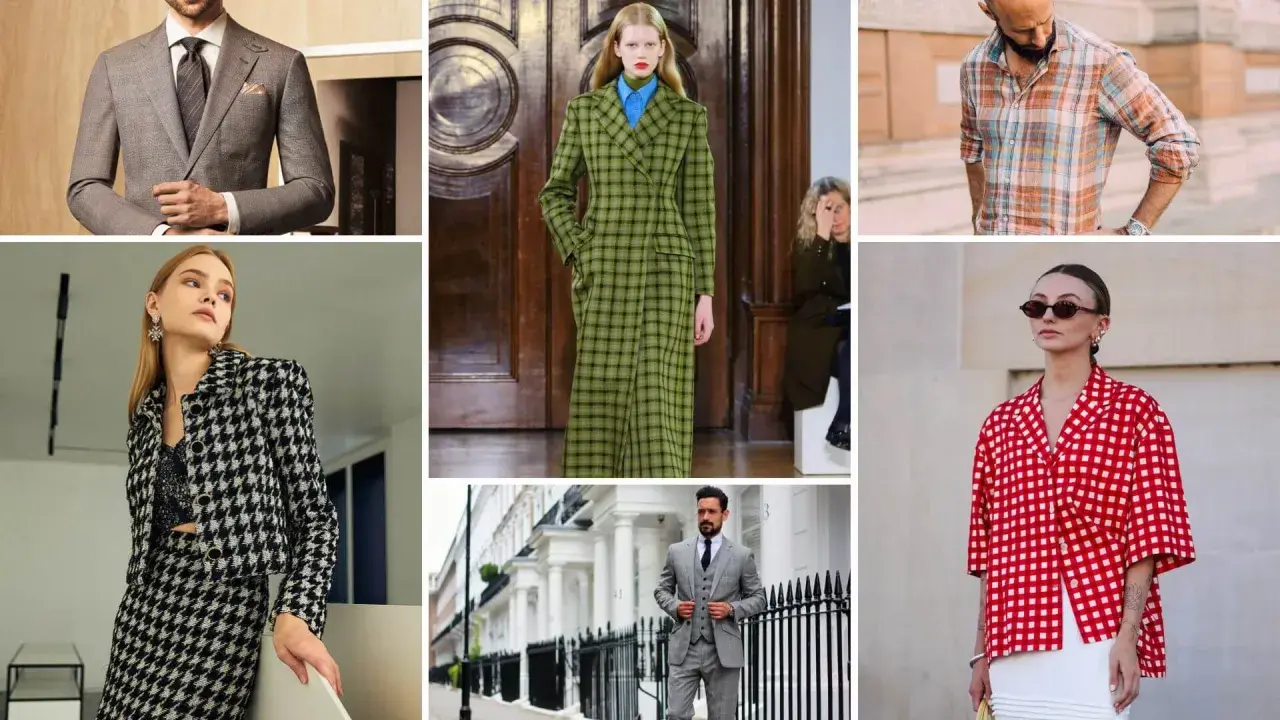 Collage showcasing various types of plaid: a man in a grey suit, a woman in a houndstooth jacket, a model in a green plaid coat, a man in a plaid shirt, and a woman in a red gingham top.