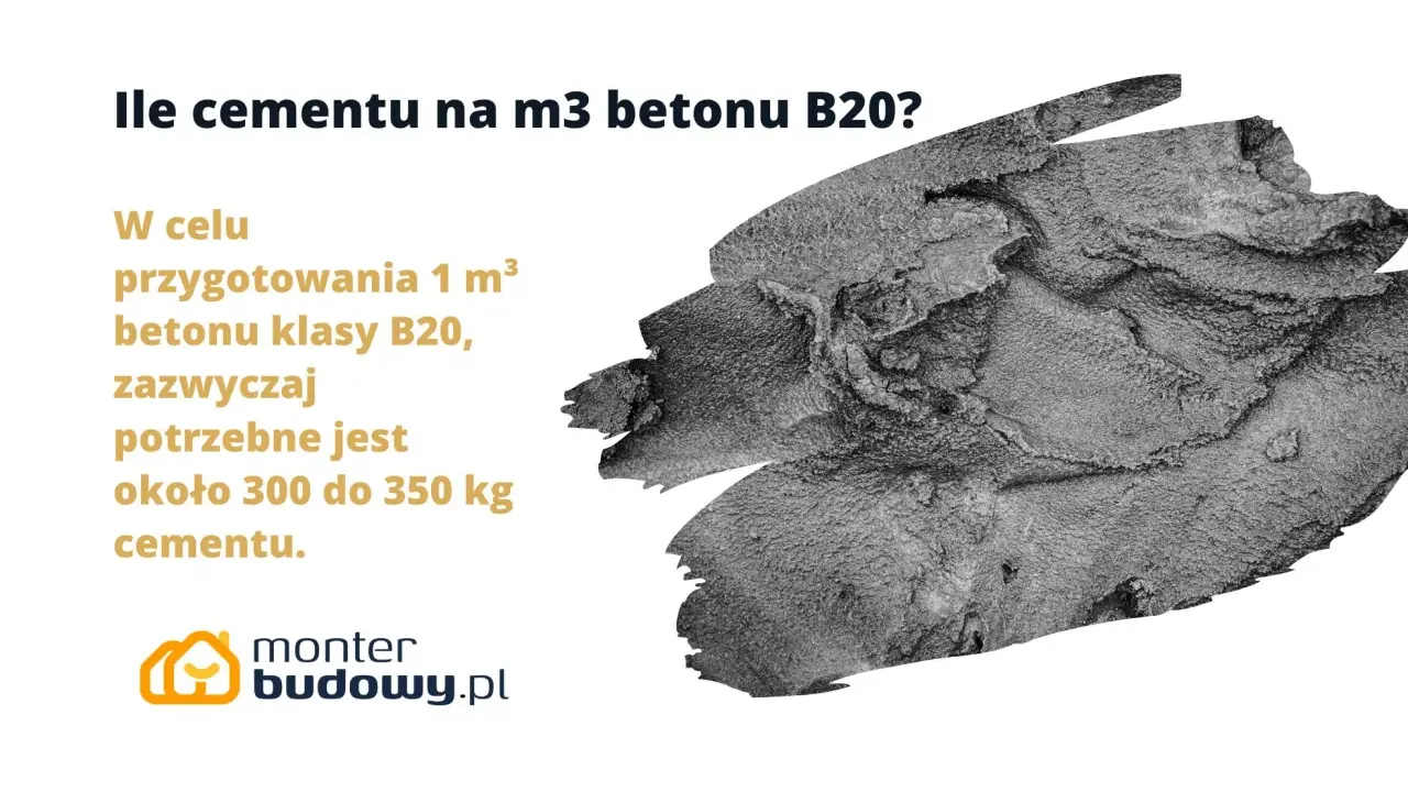 Fragment betonu z tekstem o proporcjach cementu do betonu B20.