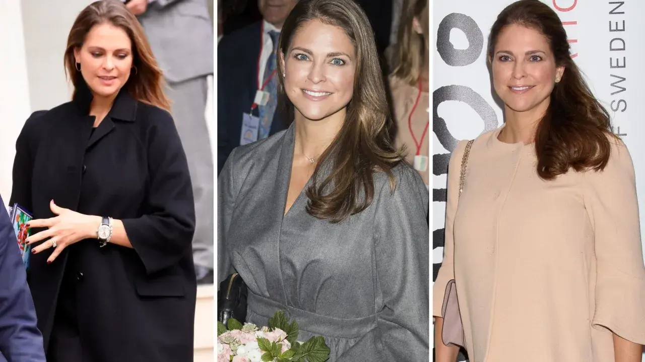 Prinsessan Madeleine gravid i tre olika kläder. Hon ser strålande ut i alla tre bilderna.