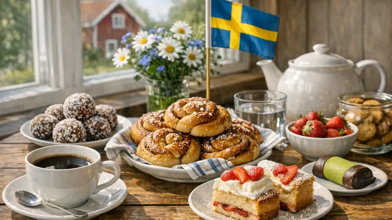 En härlig fika med kanelbullar, jordgubbstårta, chokladbollar och en kopp svenskt kaffe. En svensk flagga vajar i bakgrunden.