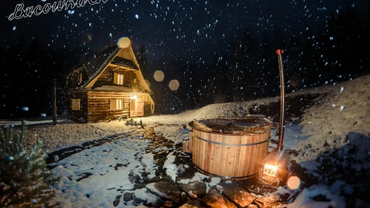 Nocą w bacówce u Winiarskich, przytulny drewniany domek i gorąca balia w śnieżnej scenerii.