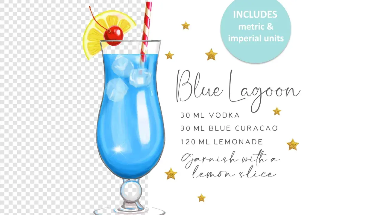 Ein leuchtend blauer Blue Lagoon Cocktail mit Eiswürfeln, garniert mit Zitrone und Kirsche. Rezeptangaben sind sichtbar.