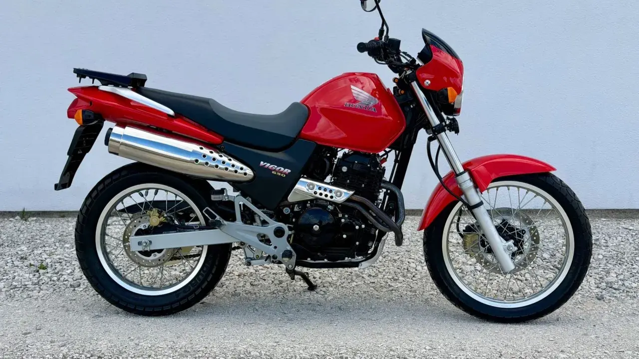 Czerwony Honda Dominator 650 Vigor. Wady i zalety tego motocykla to m.in. jego wszechstronność i prostota konstrukcji.