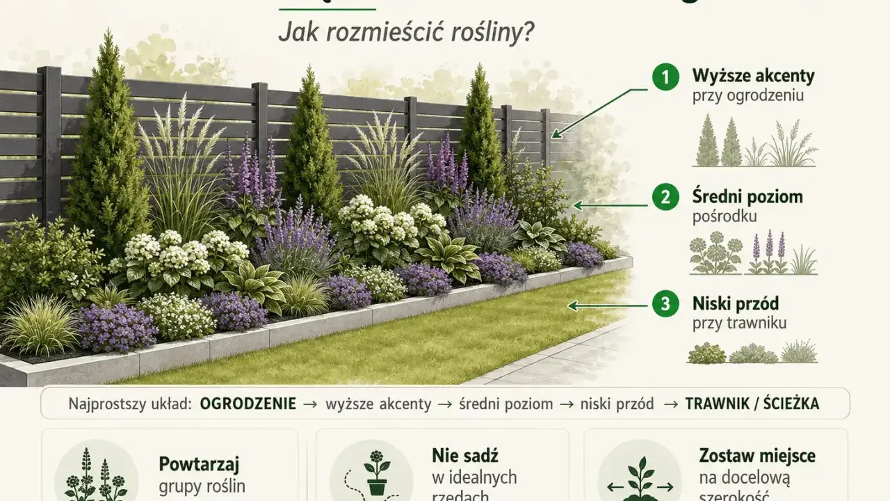 Wąska rabata przy płocie z warstwami roślin: wysokie przy ogrodzeniu, średnie pośrodku, niskie przy trawniku.