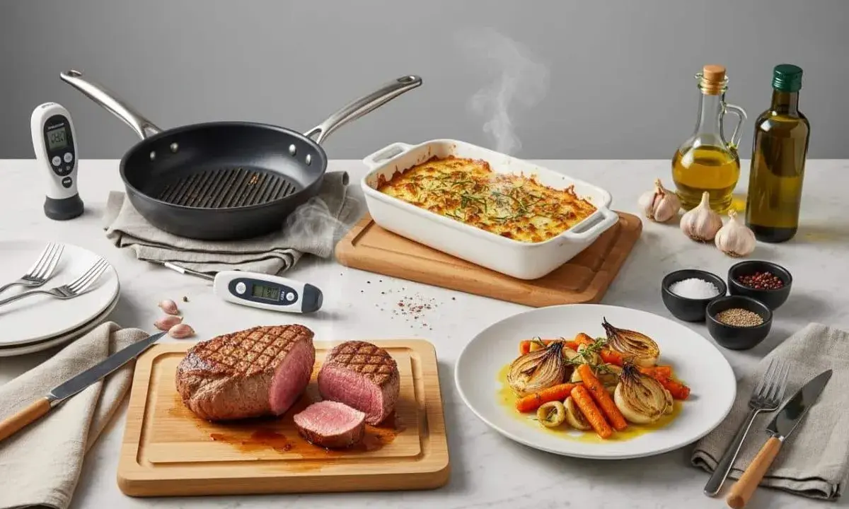 Filet de porc rôti, gratin fumant, légumes rôtis et thermomètres de cuisson. Idéal pour le temps de cuisson parfait d'un filet de porc au four.
