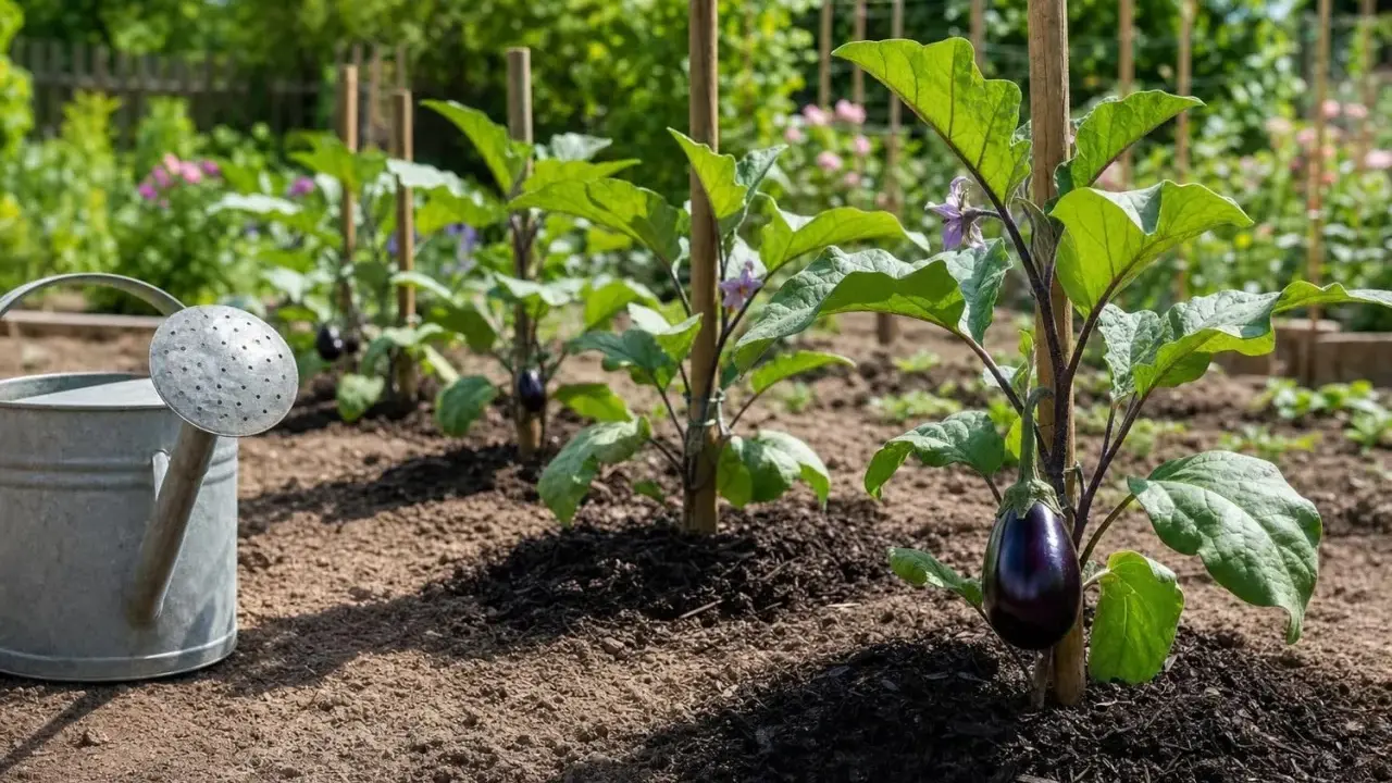Arrosage d'une plantation d'aubergines en pleine croissance. Une aubergine mûre pend d'une plante soutenue par un tuteur.