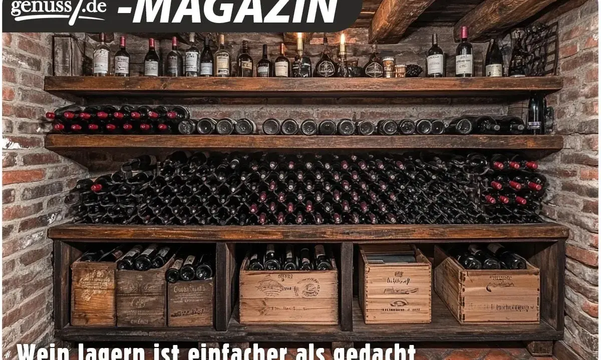 Holzregale mit zahlreichen Weinflaschen, teils liegend, teils stehend in Holzkisten. Perfekte wein aufbewahrung für Genießer.