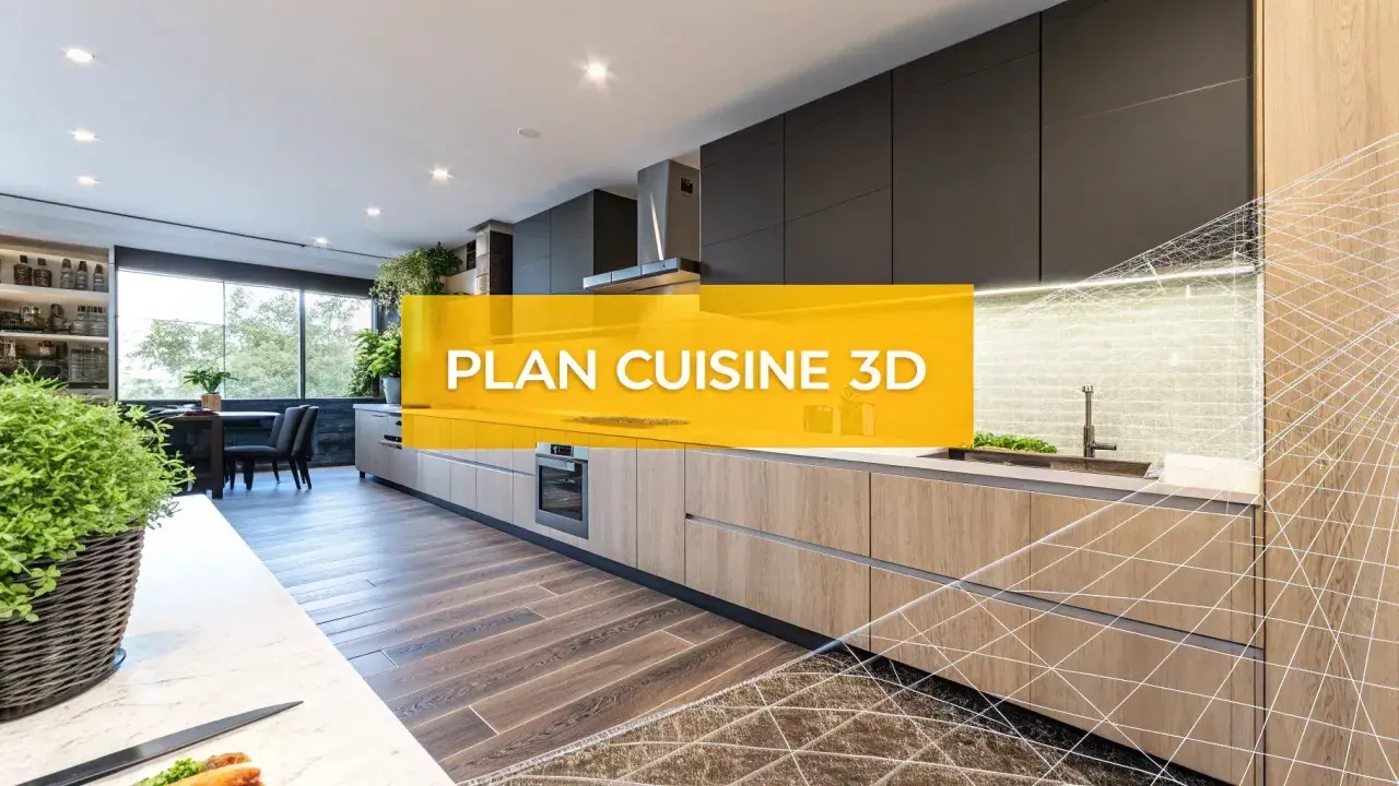 Cuisine moderne avec îlot central, présentée en 3D. Idéal pour votre projet de logiciel conception cuisine gratuit.