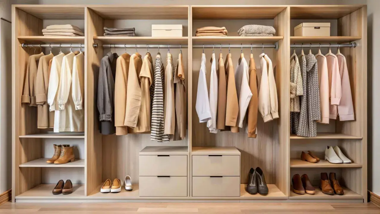 Interior de armario empotrado con ropa colgada y doblada, y zapatos en estantes.