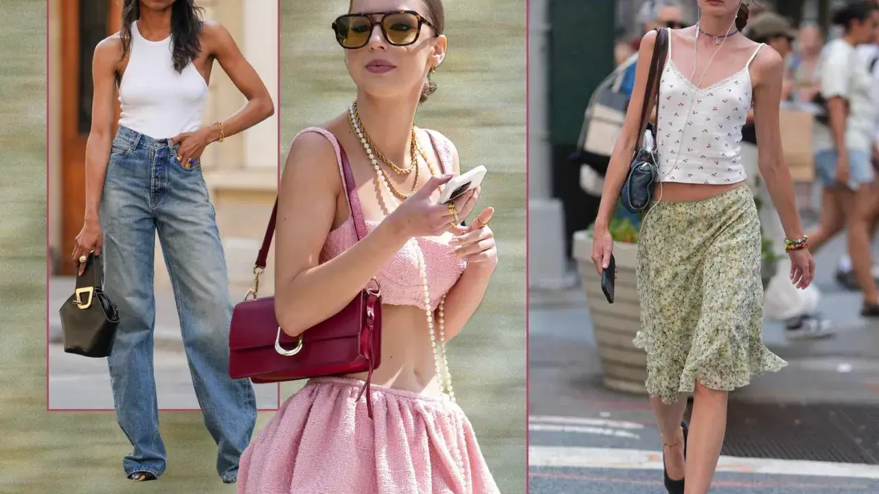 Three women showcase y2k era fashion: one in baggy jeans and a white tank, another in a pink tweed set, and a third in a floral skirt and cherry-print top.