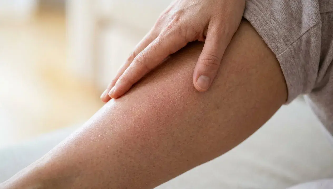 Eine Hand streicht über ein Bein mit geröteter, schuppiger Haut. Das Jucken der beine beim laufen ist deutlich zu spüren.