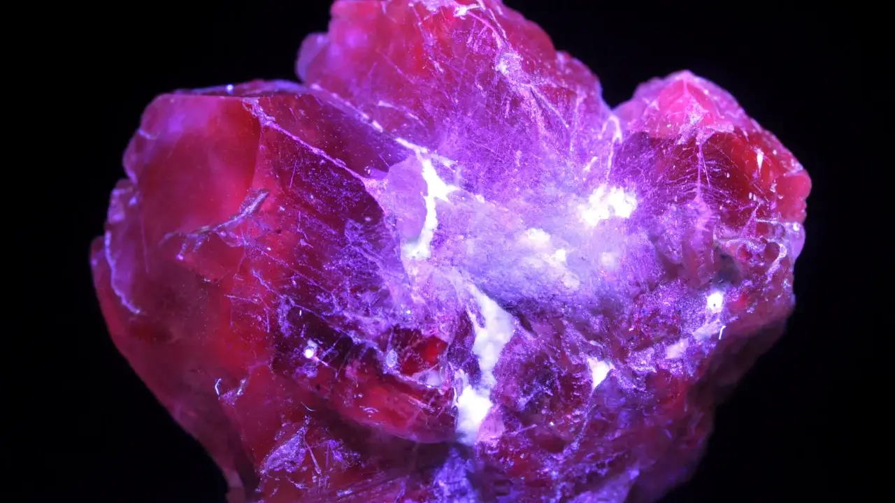 Cristallo rosso intenso, illuminato da luce viola, che fa pensare a qual è la pietra più preziosa al mondo.