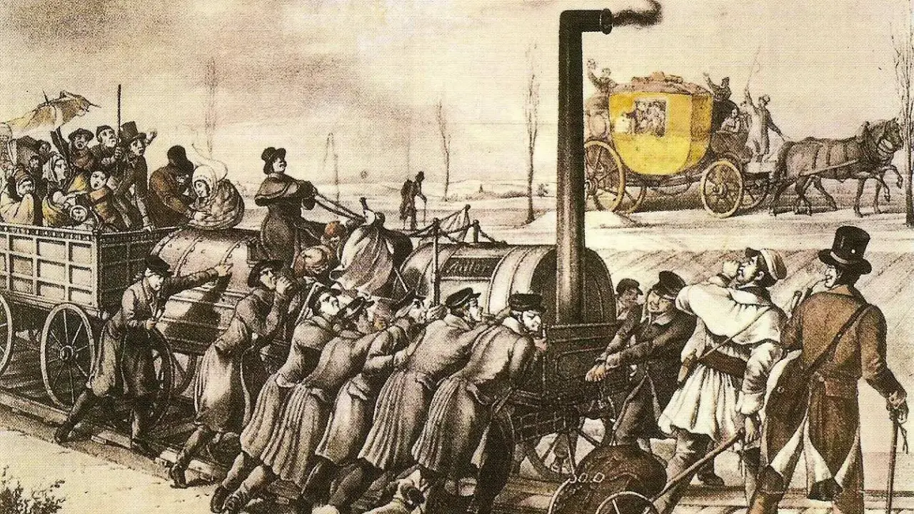 Ludzie pchają lokomotywę, symbol **1 rewolucji przemysłowej**. Obok powóz konny.