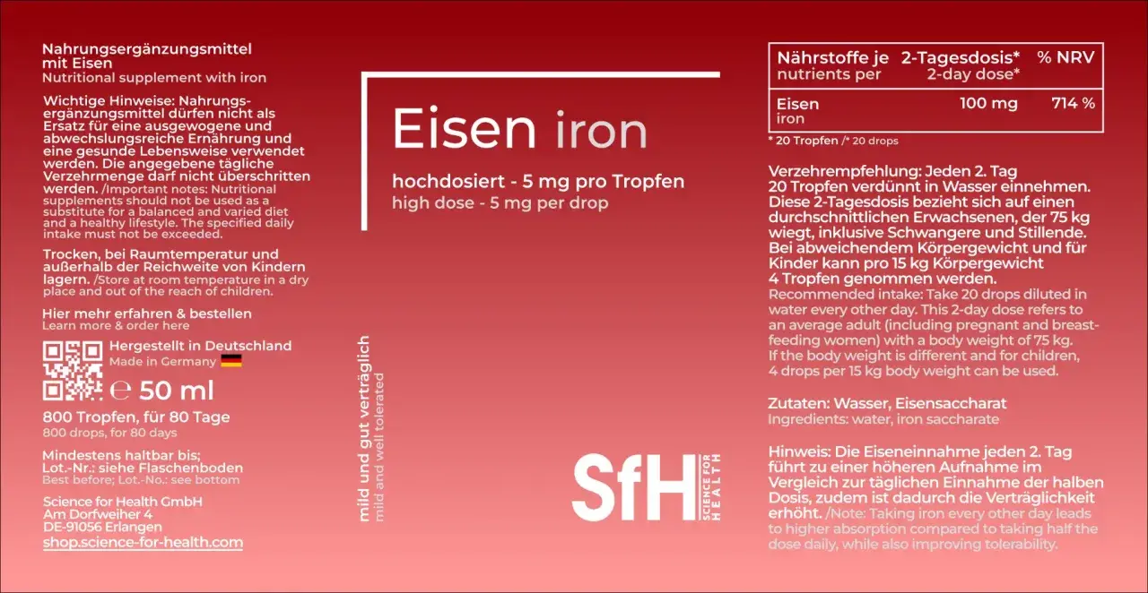 Eisen iron Tropfen: 20 Tropfen jeden 2. Tag für bessere Aufnahme und Verträglichkeit.