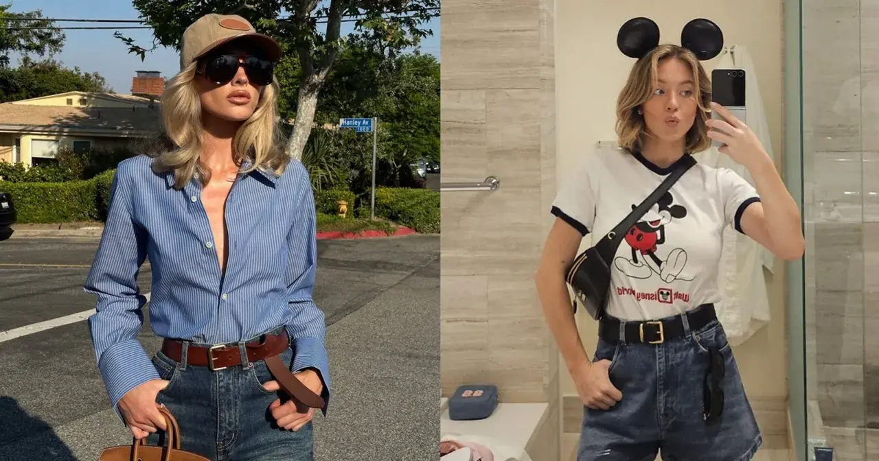Due donne mostrano come indossare cintura donna: una con camicia a righe e jeans, l'altra con t-shirt Disney e shorts.