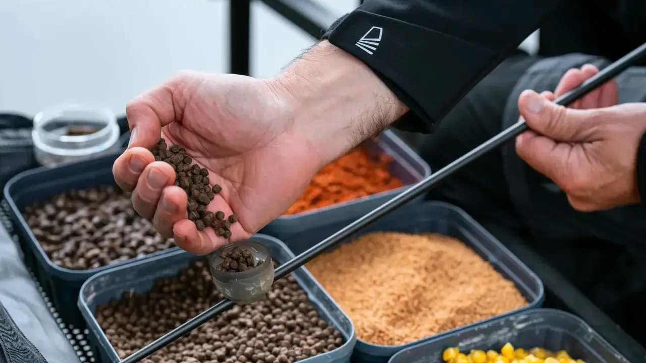 Wędkarz przygotowuje zanętę własnej roboty, przesypując pellet do małego kubeczka. W tle widać pojemniki z różnymi składnikami.