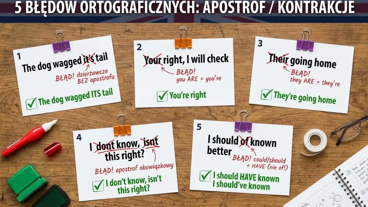 5 błędów ortograficznych: apostrof po angielsku. Przykład: "it's" vs "its", "you're" vs "your", "they're" vs "their", "isn't" vs "isnt", "should've" vs "should of".