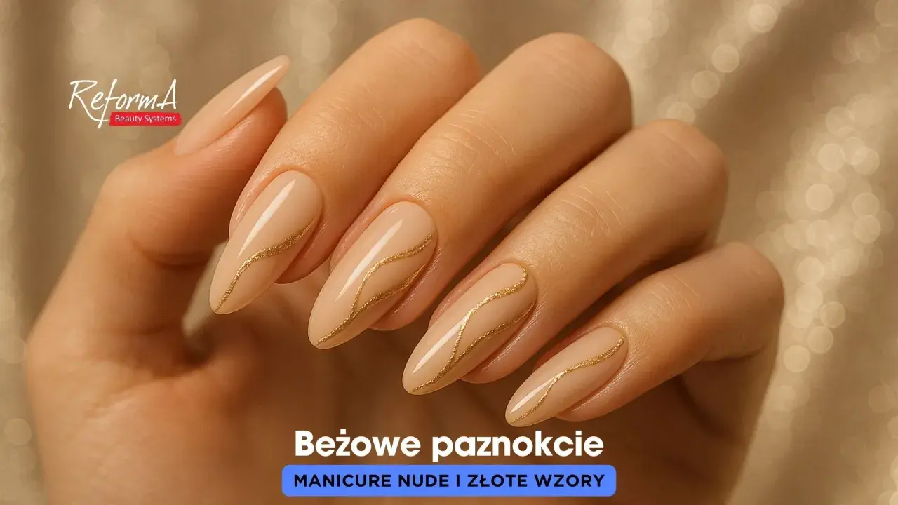 Eleganckie paznokcie nudę ze zlotem, zdobione subtelnymi, złotymi liniami. Idealne na każdą okazję.