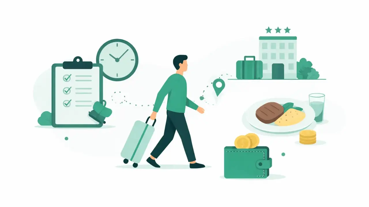 Planowanie podróży służbowej: lista zadań, zegar, walizka, hotel, posiłek i portfel. Zastanawiasz się, ile wynosi dieta w delegacji?