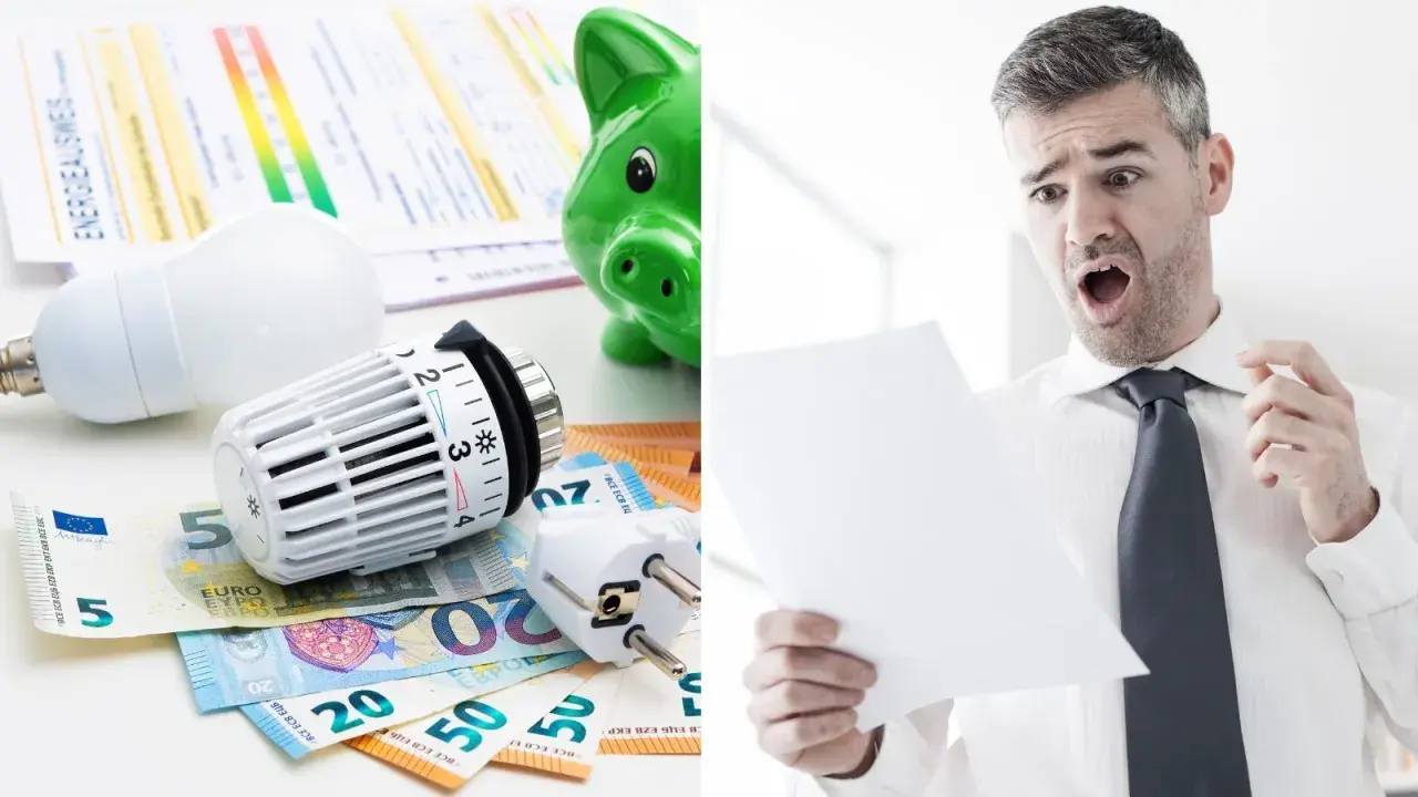 Chockad man ser en elräkning. Glödlampa, element och sedlar antyder höga kostnader, kanske relaterade till kw vs kwh.