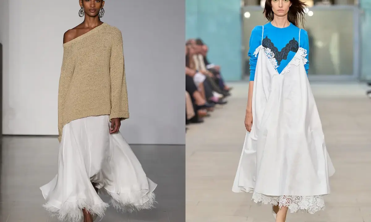 Outfit con abito sottoveste: un maglione beige oversize su un abito bianco con piume, e un abito bianco su maglia blu con pizzo.