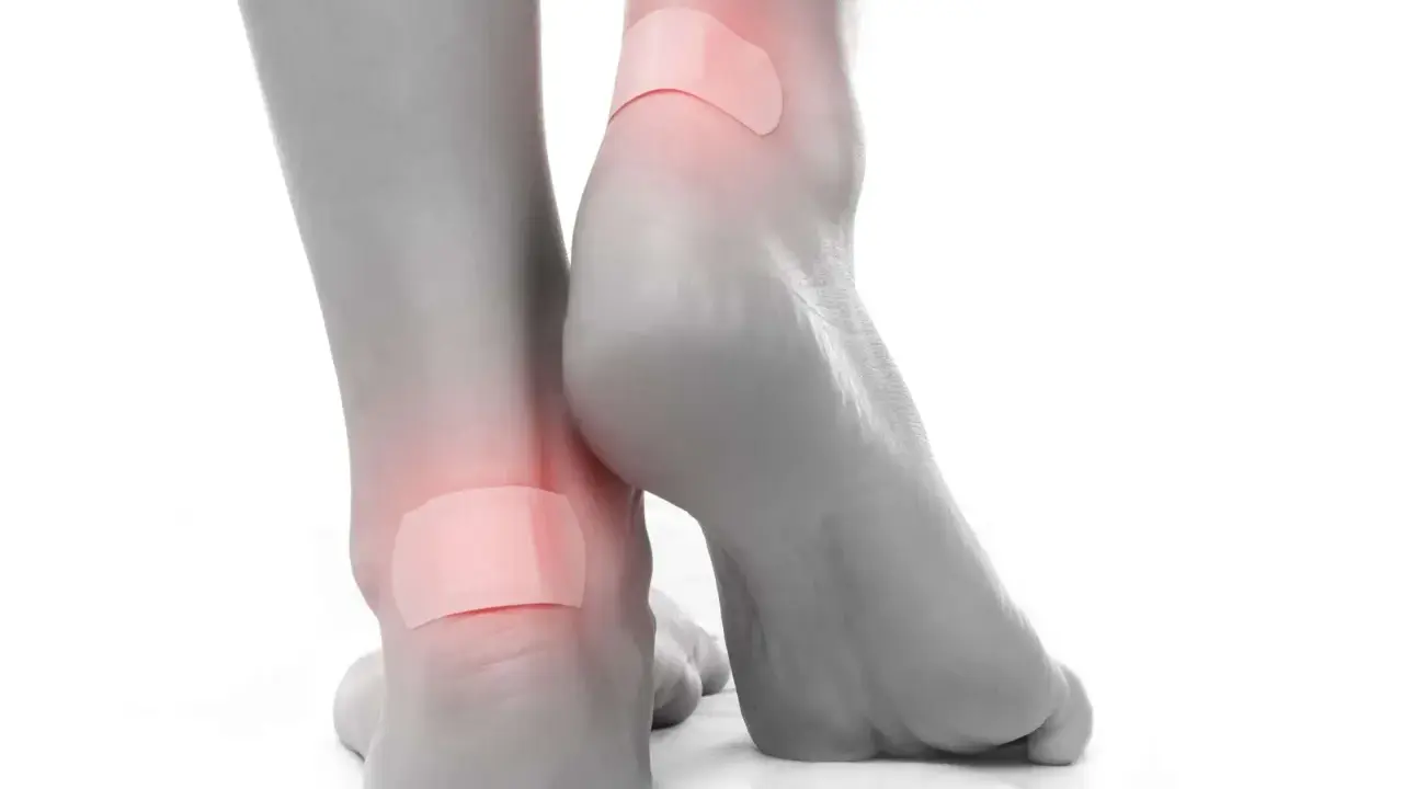 Pieds avec pansements sur les talons pour soulager une phlyctène douloureuse.