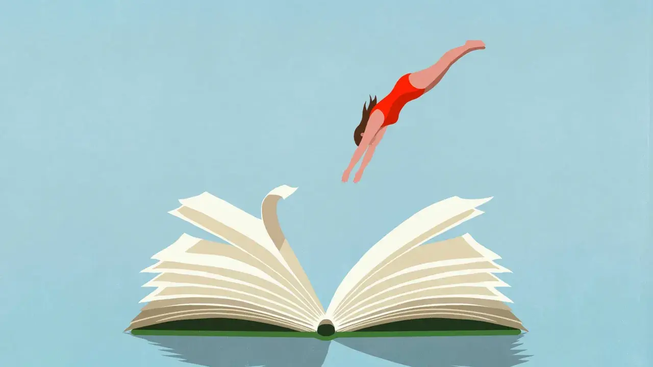 Una persona in costume da bagno rosso si tuffa in un libro aperto, simbolo di avvincenti libri che ti trasportano in mondi fantastici.