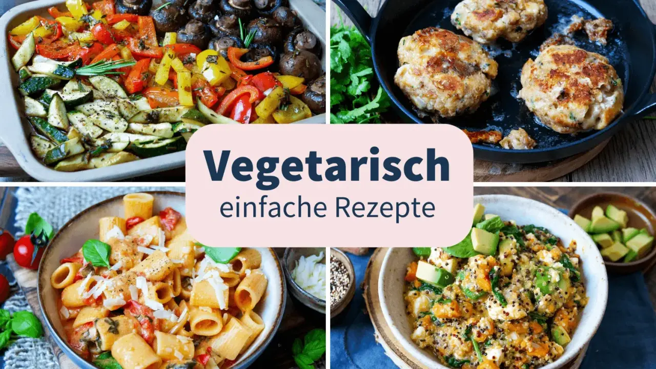 Vier Bilder mit leckeren, schnelle vegetarische gerichte: Ofengemüse, Bratlinge, Pasta und Quinoa-Bowl.