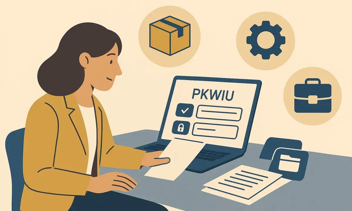 Kobieta pracuje przy laptopie z napisem PKWIU. Ikony pudełka, biegu i teczki sugerują klasyfikację produktów i usług.