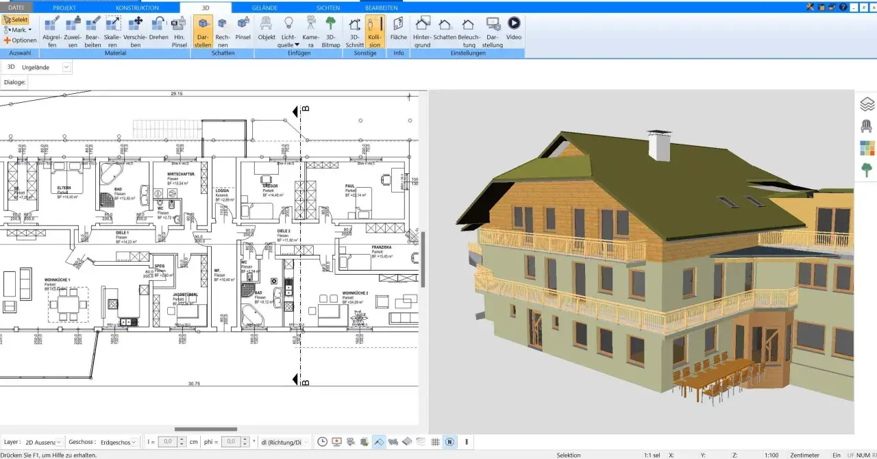 Grundriss 1:50 eines Mehrfamilienhauses mit detaillierter Raumaufteilung und 3D-Ansicht des Gebäudes.