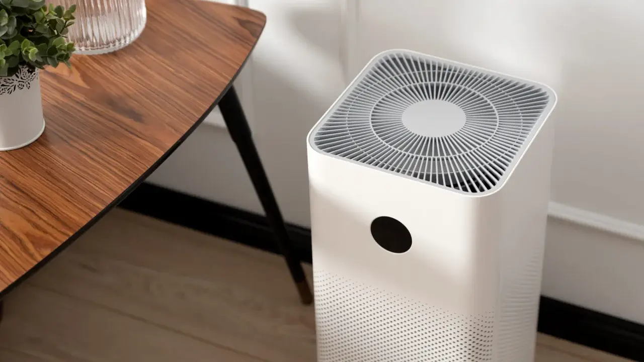 Purificador de aire blanco junto a una mesa de madera. Muestra cómo funciona un purificador de aire al aspirar y limpiar el aire.