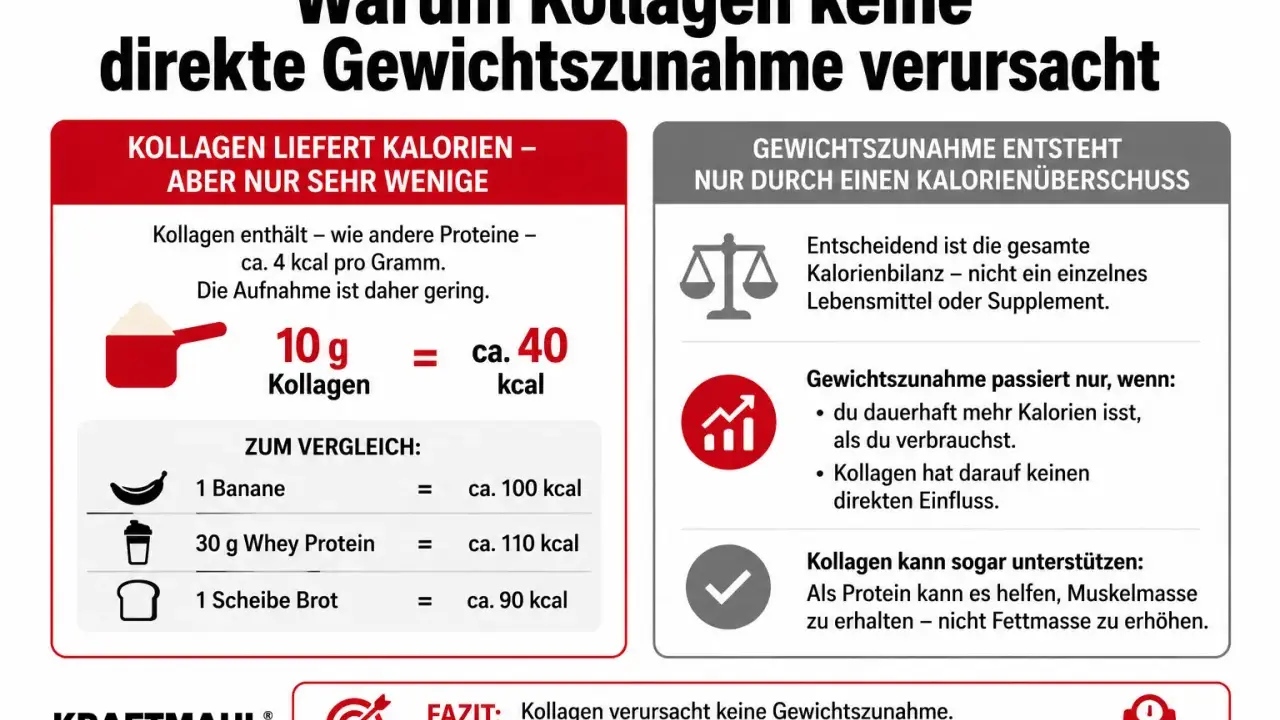 Kollagen liefert nur wenige Kalorien (10g ca. 40kcal). Gewichtszunahme durch Kollagen ist unwahrscheinlich, da nur ein Kalorienüberschuss zu mehr Körperfett führt.