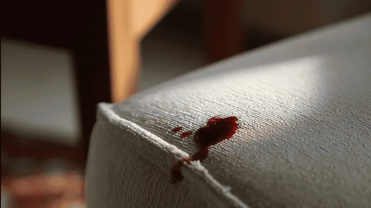 Mancha de sangre fresca en un sofá blanco. Aprende como quitar una mancha de sangre del sofa para restaurar su limpieza.