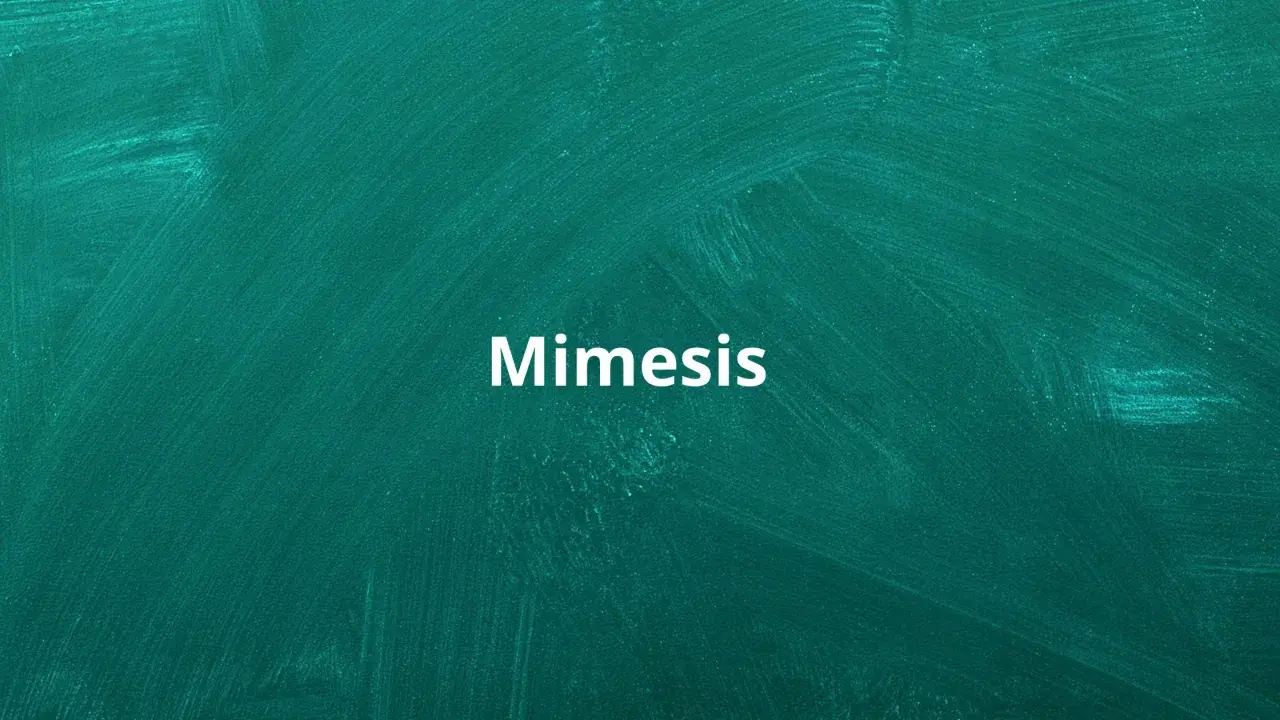 Biały napis "Mimesis" na zielonej tablicy. To pojęcie kluczowe dla zrozumienia, jak literatura naśladuje rzeczywistość.