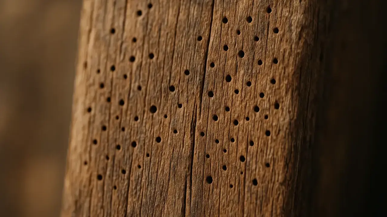 Gros plan sur un vieux bois marqué par un trou dans le bois, témoignant d'un traitement contre les insectes.