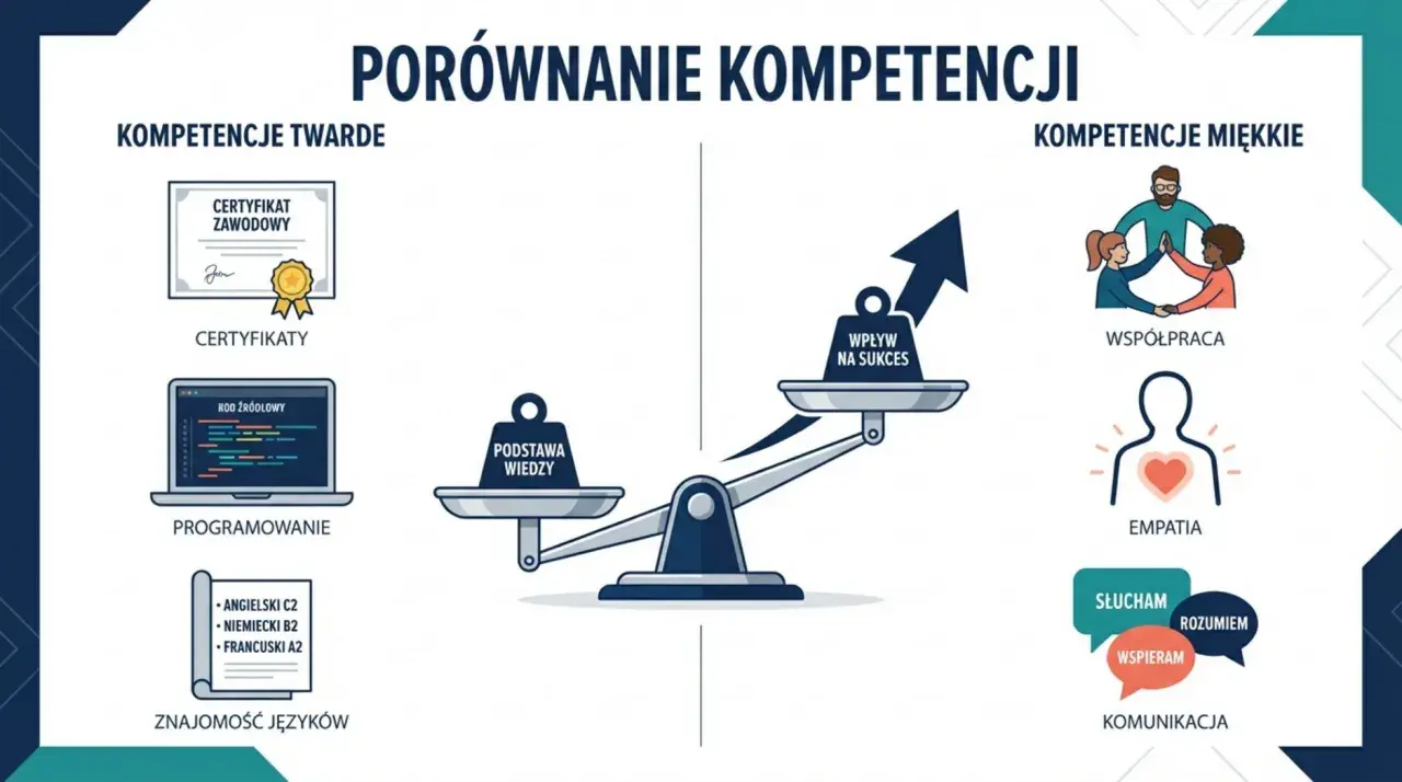 Porównanie kompetencji: twarde (certyfikaty, programowanie, języki) i miękkie (współpraca, empatia, komunikacja) wpływają na sukces.