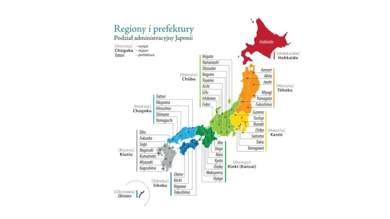 Kolorowa mapa Japonii z podziałem na regiony i prefektury. Widoczne wyspy Honsiu, Hokkaido, Kiusiu, Sikoku i Okinawa.