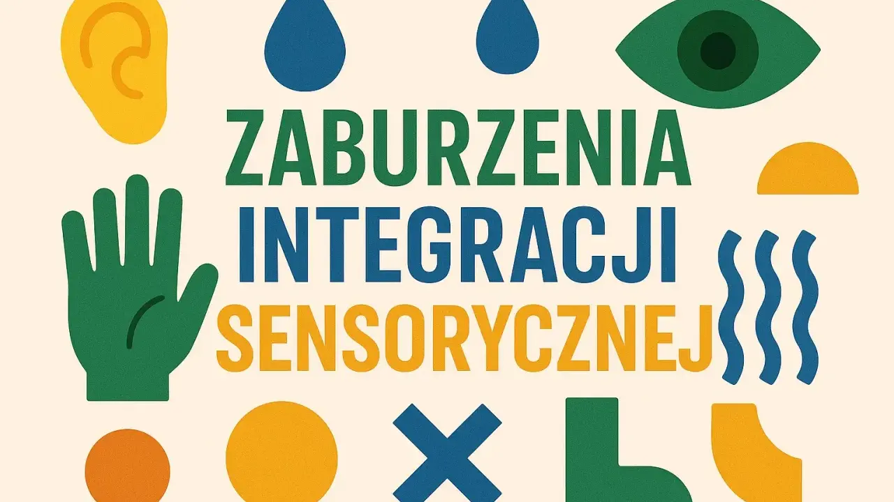 Grafika przedstawia symbole zmysłów i napis "ZABURZENIA INTEGRACJI SENSORYCZNEJ". Objawy mogą być różne.