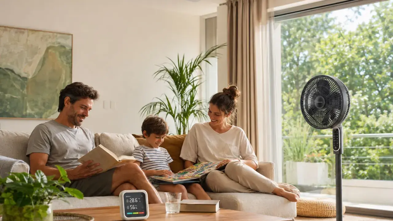 Famiglia rilassata in soggiorno, con ventilatore e soffitto in funzione per come rinfrescare casa senza condizionatore.